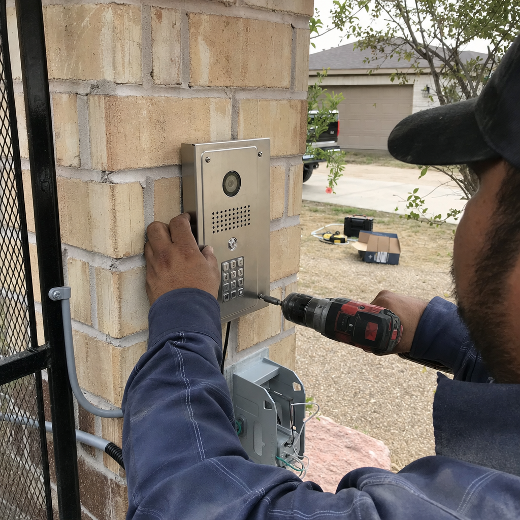 Gate access control installation with power drill in Devine, TX