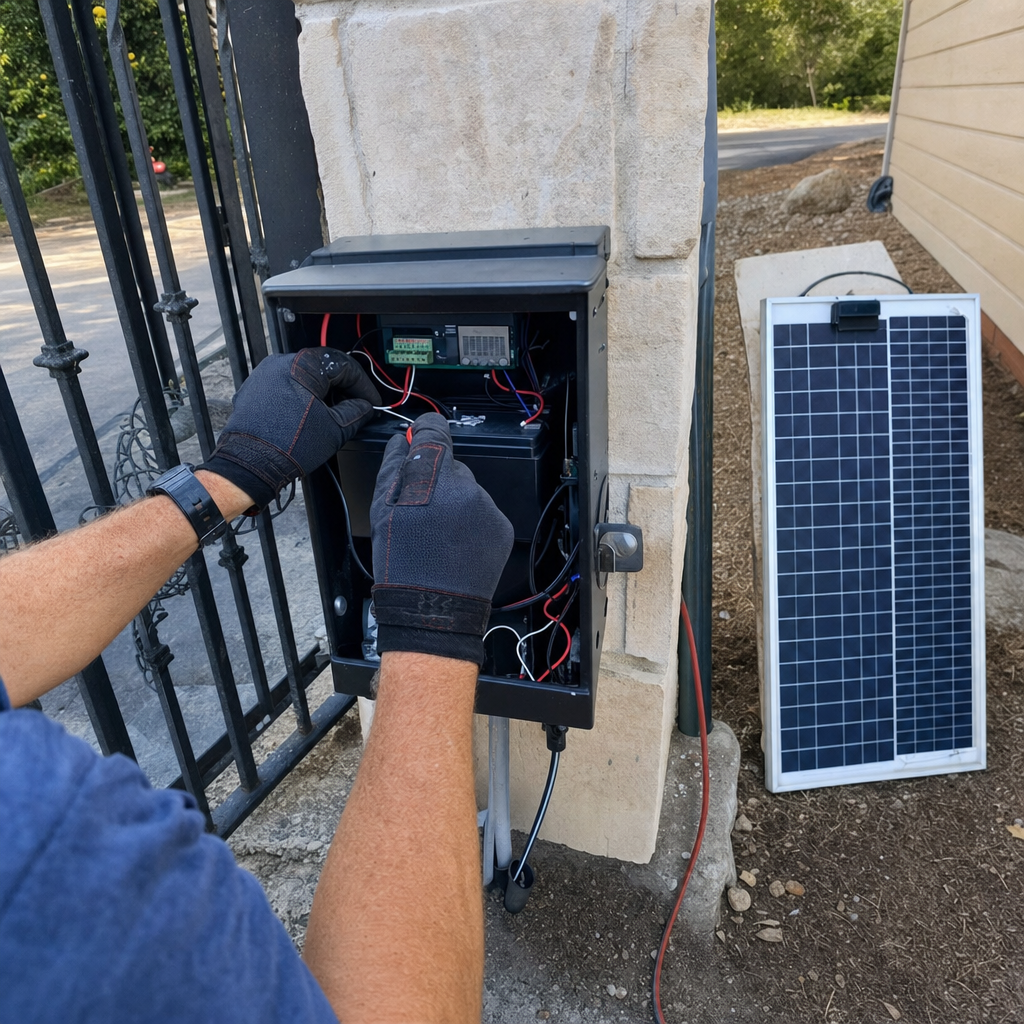 Technician performing gate access control installation with solar panel.