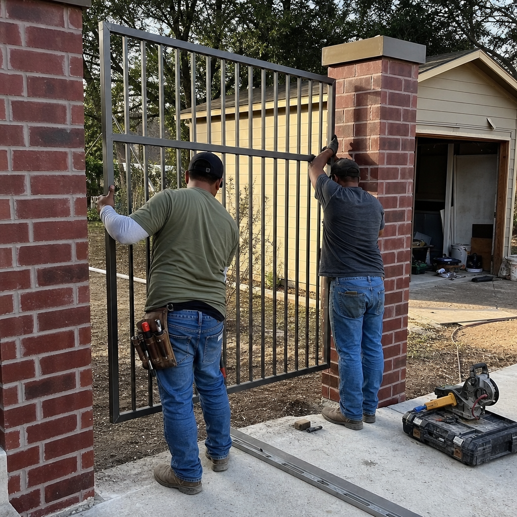 Workers installing a metal gate between brick pillars in Devine, TX