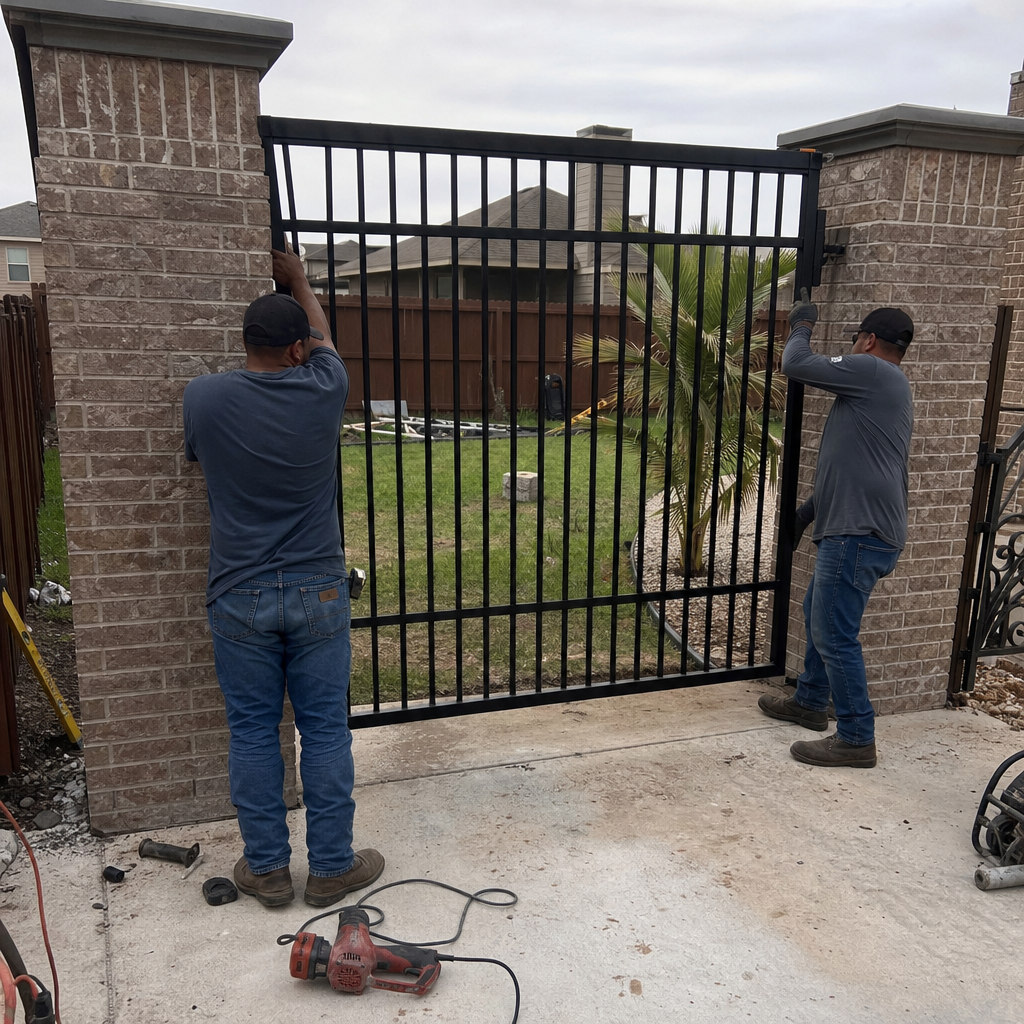 Workers installing a black metal gate between brick pillars