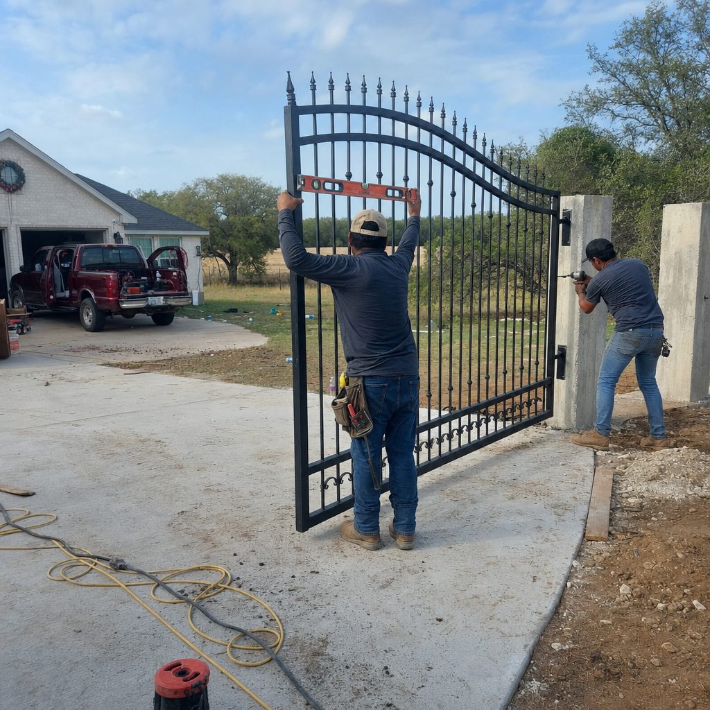 Workers installing a black metal gate