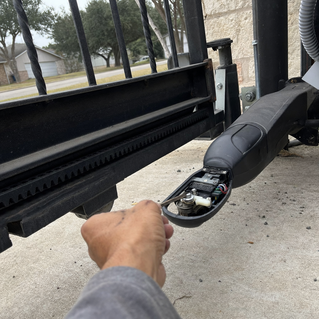 Gate motor and opener repair, technician working on gate opener motor in Atascosa, TX