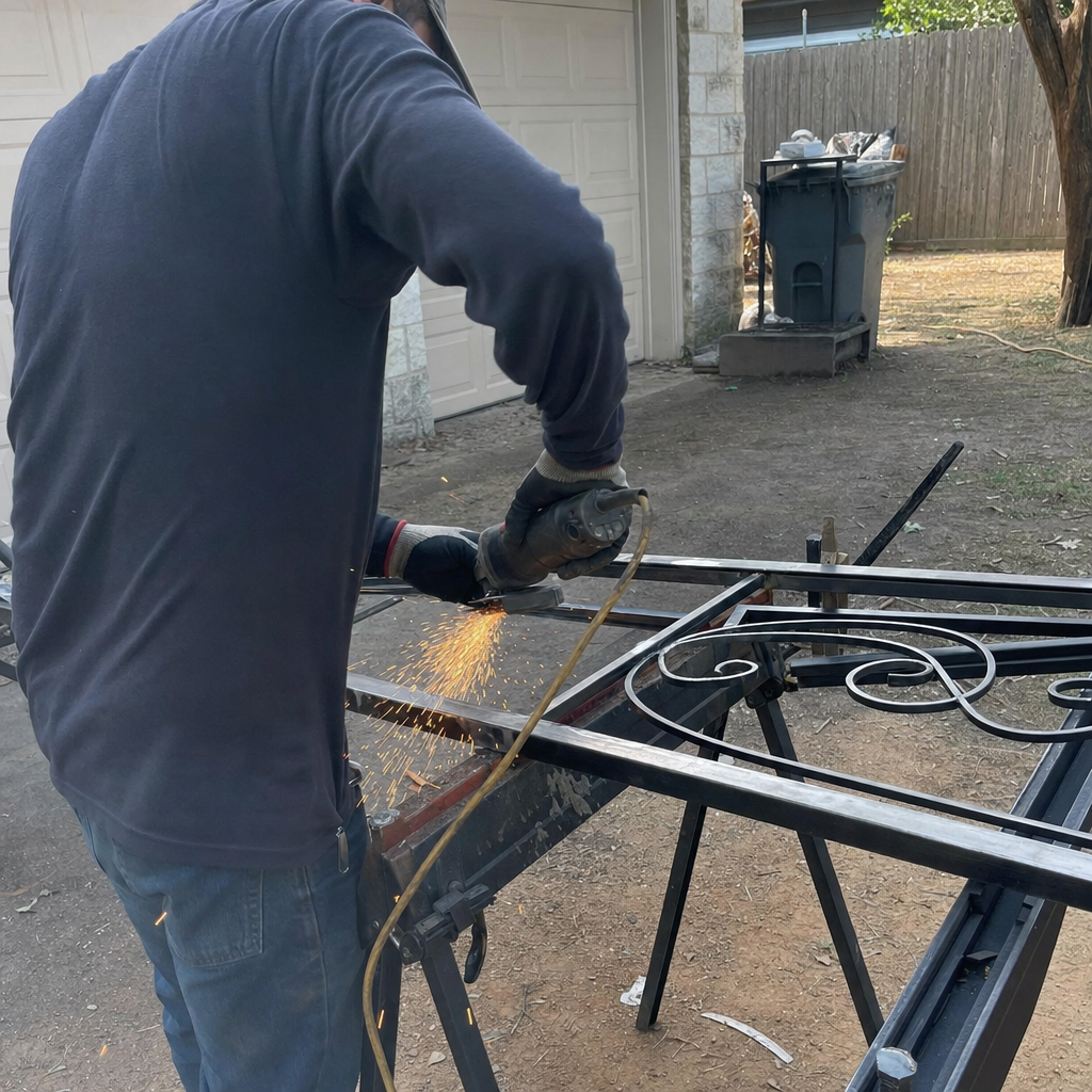 Metal worker grinding gate parts with welding sparks in Devine, TX