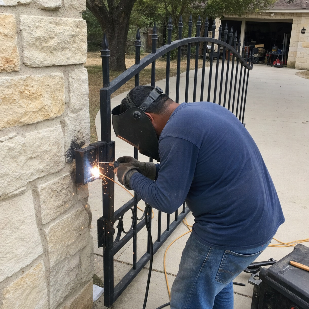 Professional welder repairing a black metal gate on a stone pillar.