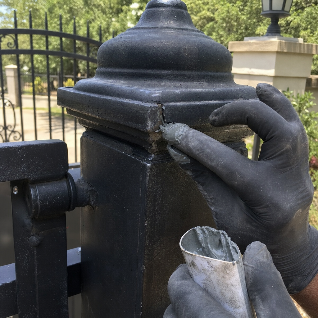 Gloved hand repairs crack in black ornate gate post with sealant. in Devine, TX