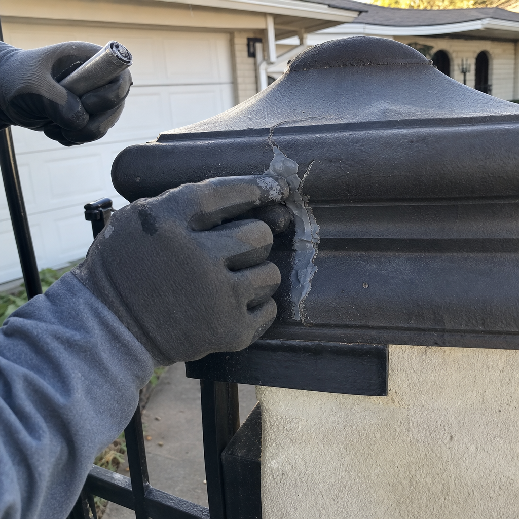 Gloved hand applying sealant to cracked black gate post for repair